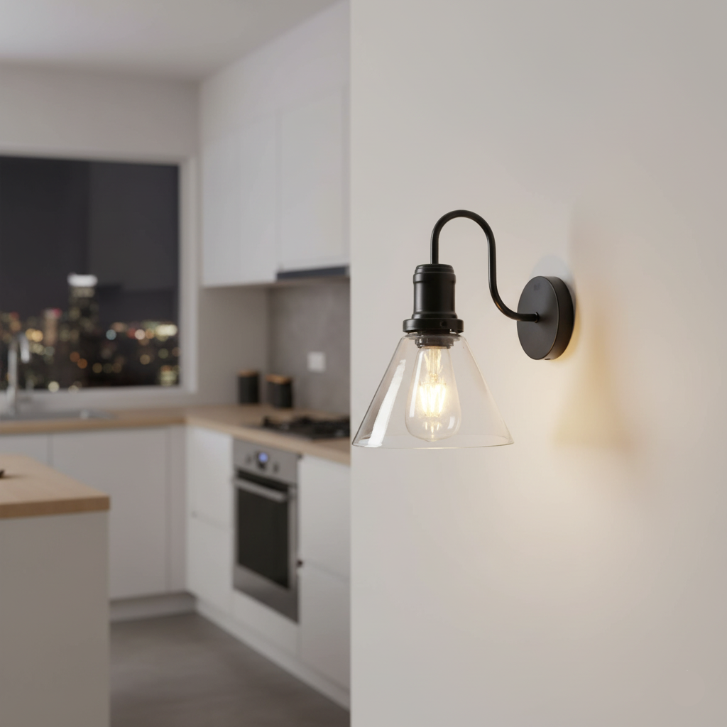 Curved Black Wall Light with Flared Glass Shade (PL 1130-01-BK)