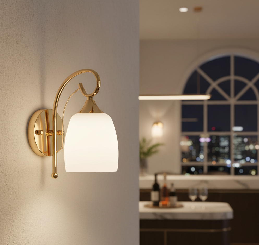 Artistic Curved Brass Wall Light with Frosted Glass (PL 2548-GL-WH)