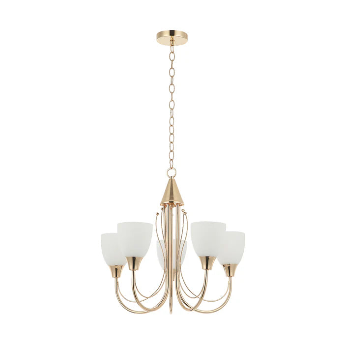 Elegant 5-Light Golden Chandelier with White Glass Shades (PL 7003-27-05-GD)