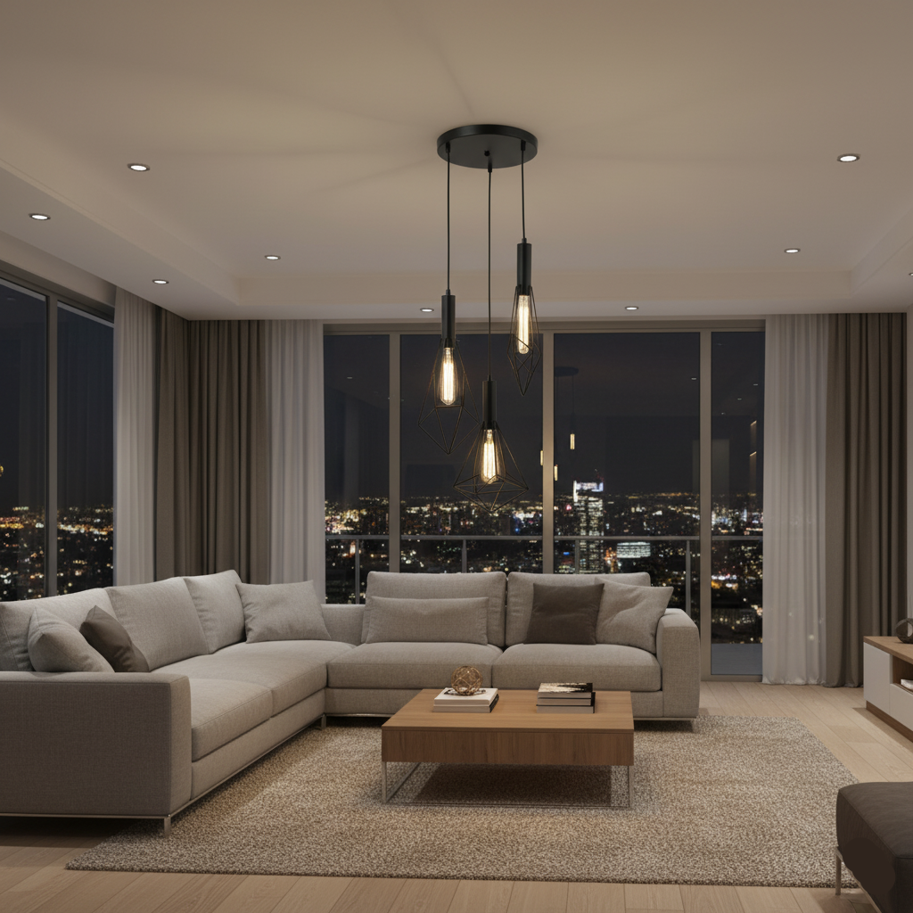 3-Light Pendant Lamp – Black Finish, E27 Base, Geometric Cage Design (PL 7040-27-03-BK)