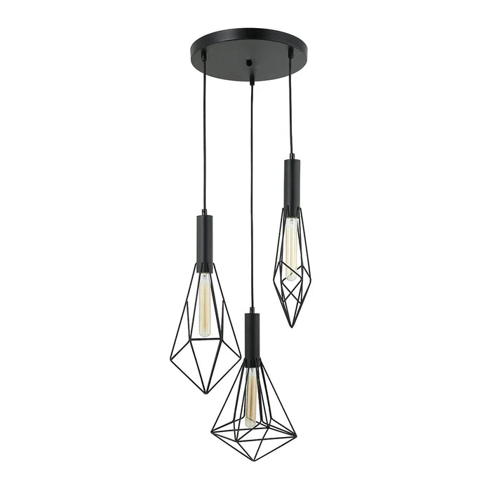 3-Light Pendant Lamp – Black/White Finish, E27 Base, Geometric Cage Design