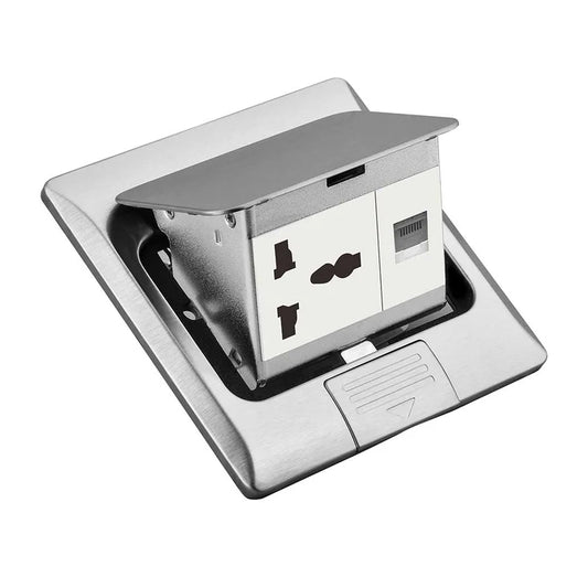 Stainless Steel Access Floor Socket – 13A Universal Socket + RJ45 (BF POPU-06-UN)