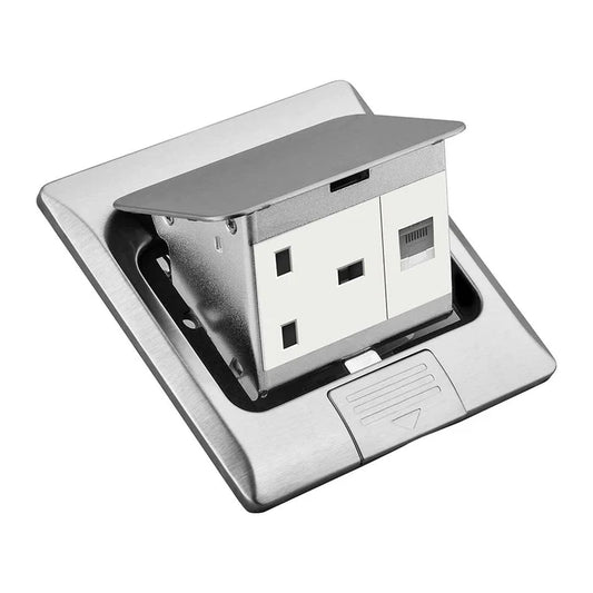 Stainless Steel Access Floor Socket – 13A Socket + RJ45, Pop-Up Type (BF POPU-06)