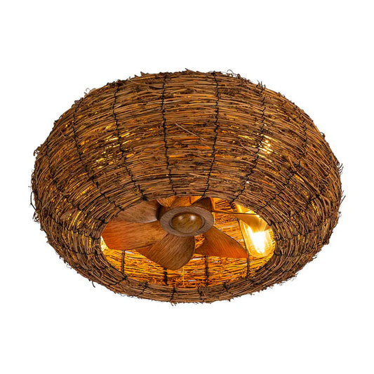 Woven Rattan Ceiling Fan Light – E27 Base, Natural Finish (KD 1703)