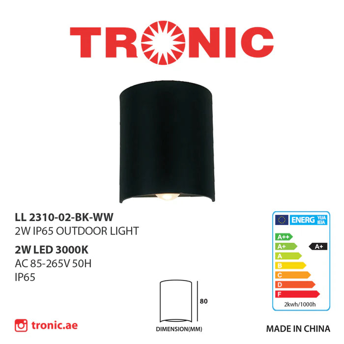 TRONIC 2W IP65 Outdoor Wall Light - Black (LL 2310-02-BK-)