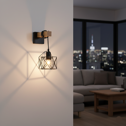 Black Geometric Wall Light with Wooden Accent (PL 1139-01-BK)