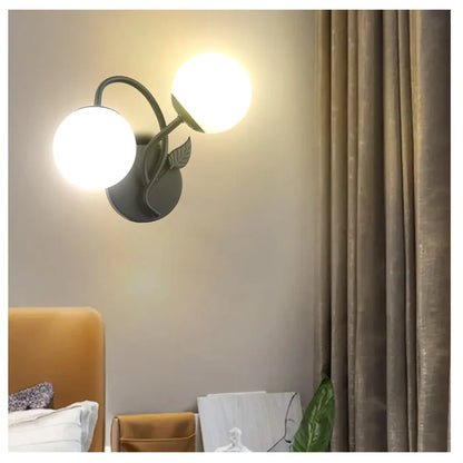 Modern Double-Globe Wall Lamp Frosted Glass Light with Leaf Design