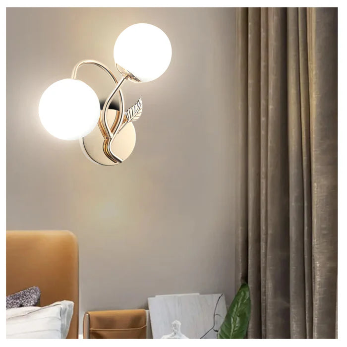Modern Double-Globe Wall Lamp Frosted Glass Light with Leaf Design