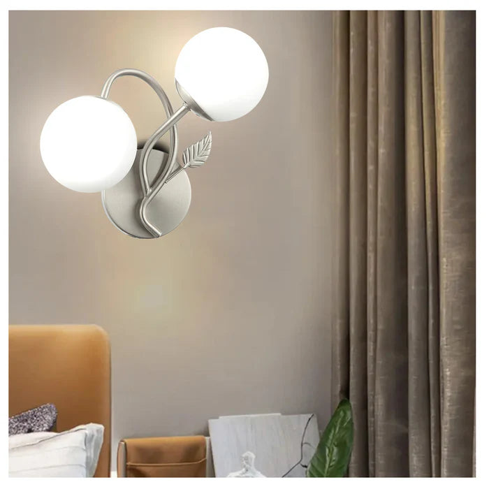 Modern Double-Globe Wall Lamp Frosted Glass Light with Leaf Design