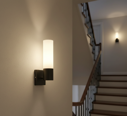 Black Modern Wall Lamp with Frosted Glass Cylinder (PL 1120-01-BK)