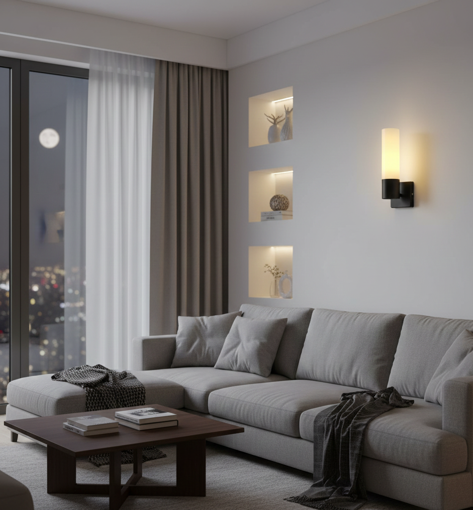 Black Modern Wall Lamp with Frosted Glass Cylinder (PL 1120-01-BK)