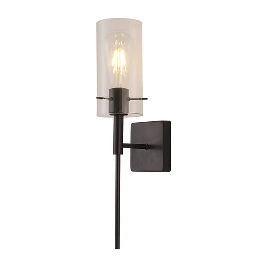Modern Wall Light – Black/Gold Frame with Clear Glass Cylinder Shade (PL 1122-01)