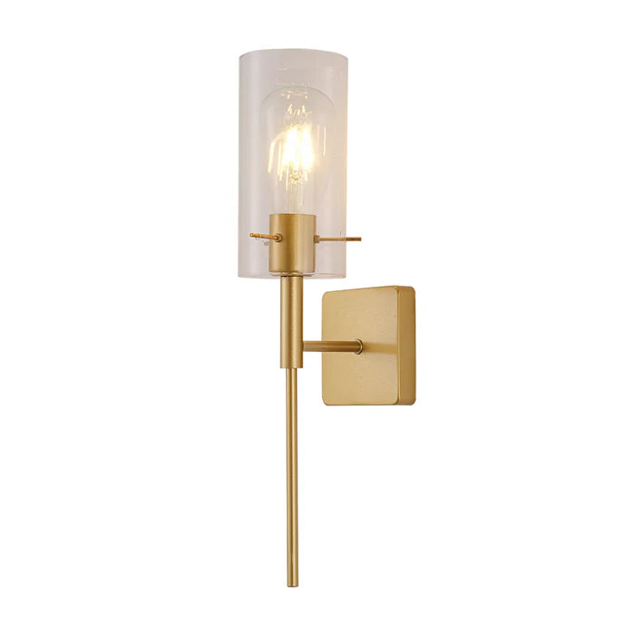 Modern Wall Light – Black/Gold Frame with Clear Glass Cylinder Shade (PL 1122-01)