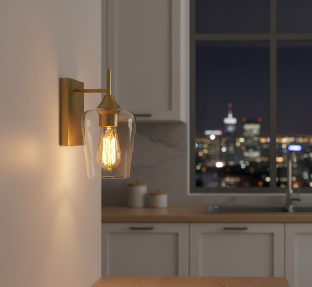 Straight Gold/Black Wall Light with Cylinder Glass Shade (PL 1125-SQ-01-)