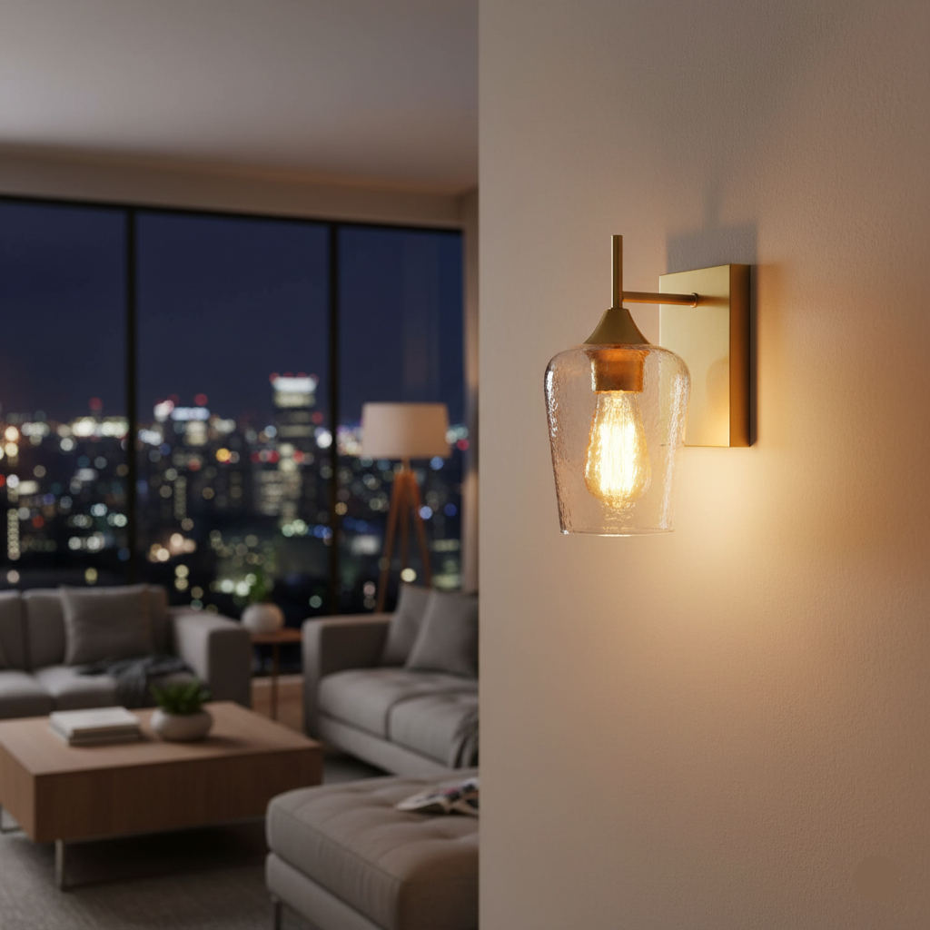 Straight Gold/Black Wall Light with Cylinder Glass Shade (PL 1125-SQ-01-)