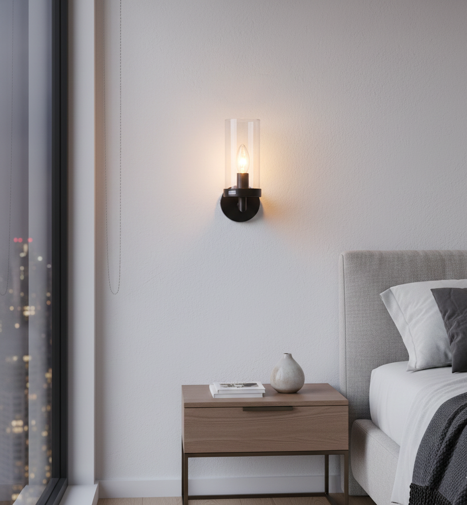 Black Clear Glass Cylinder Wall Fixture (PL 1128-01-BK)