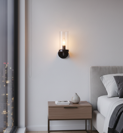 Black Clear Glass Cylinder Wall Fixture (PL 1128-01-BK)