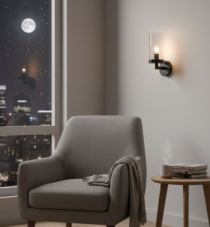 Black Clear Glass Cylinder Wall Fixture (PL 1128-01-BK)