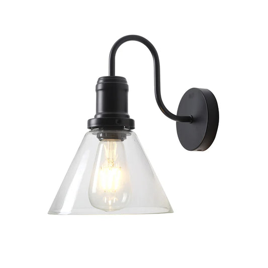 Curved Black Wall Light with Flared Glass Shade