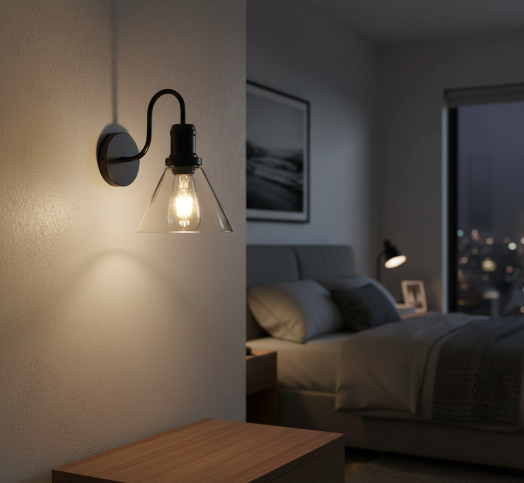 Curved Black Wall Light with Flared Glass Shade (PL 1130-01-BK)