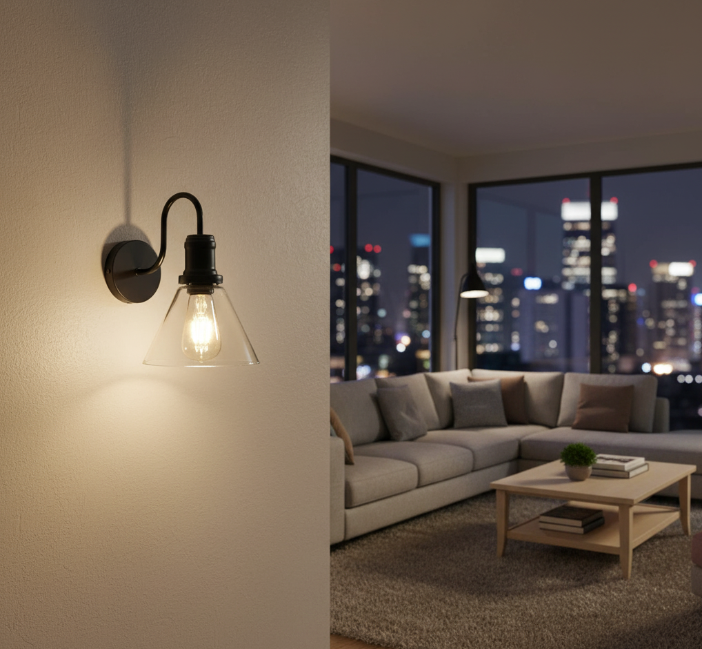 Curved Black Wall Light with Flared Glass Shade (PL 1130-01-BK)