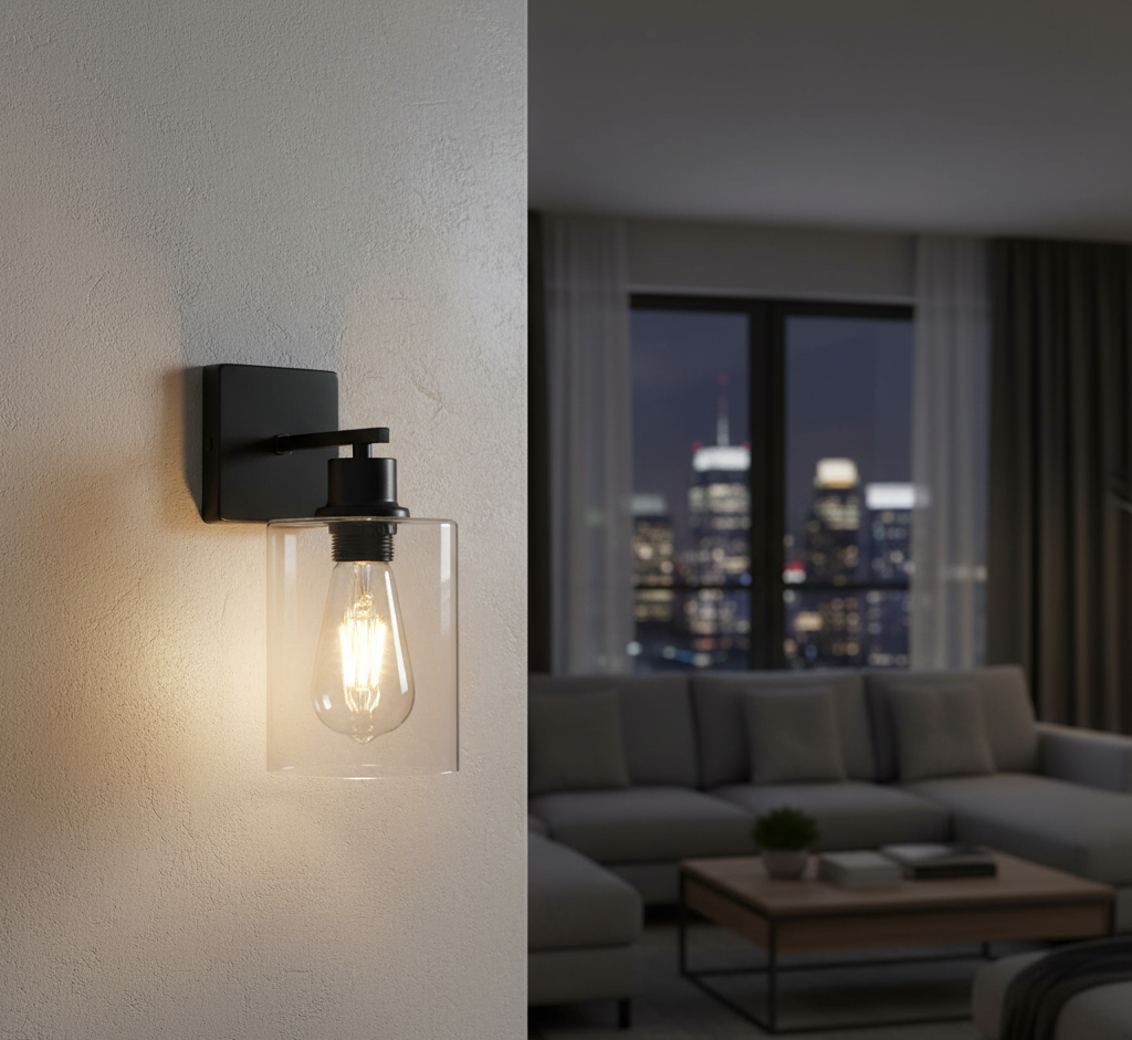 Straight Black Wall Light with Square Glass Shade (PL 1133-01-BK)