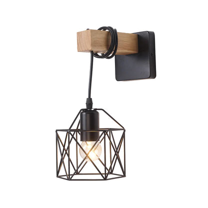 Black Geometric Wall Light with Wooden Accent (PL 1139-01-BK)