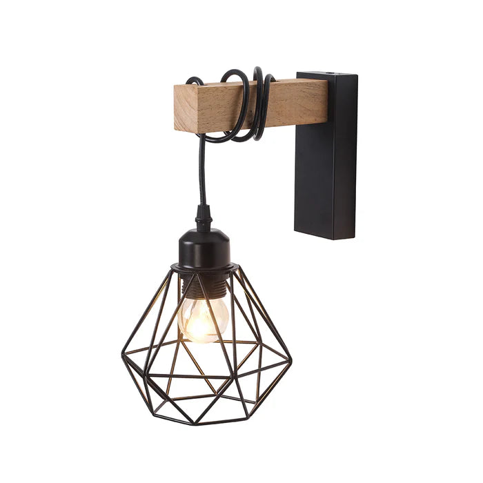 Geometric Black wall Light with Wooden Accent (PL 1140-01-BK)