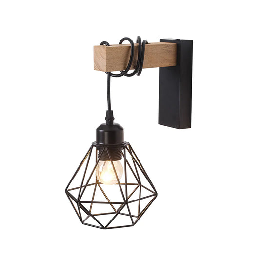 Geometric Black wall Light with Wooden Accent (PL 1140-01-BK)