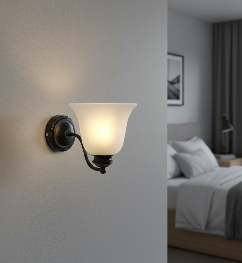 Black Curved Arm Wall Light with Frosted Glass Shade (PL 1145-01-BK)