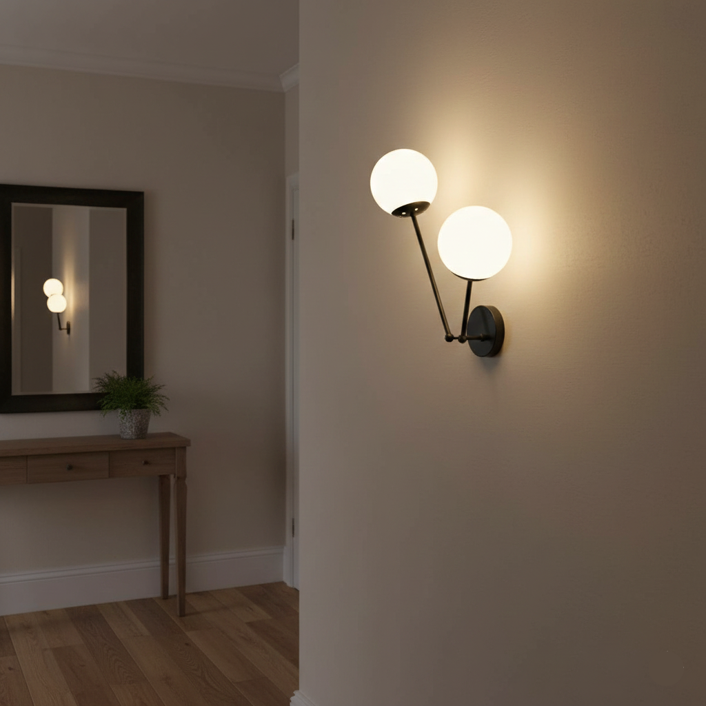 Twin Globe Wall Fixture with Black Modern Frame (PL 1155-02-LT-BK)