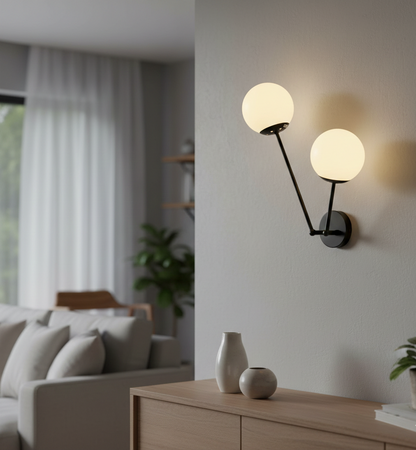 Twin Globe Wall Fixture with Black Modern Frame (PL 1155-02-LT-BK)