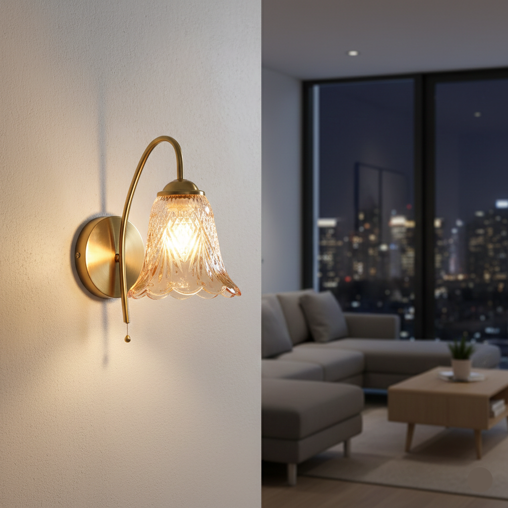 Classic Curved Arm Wall Light with Amber Glass (PL 2503-GL-AB)