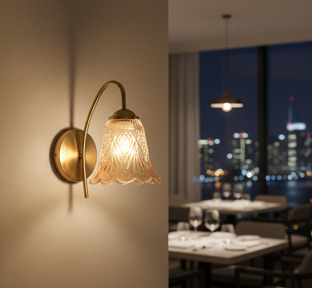 Classic Curved Arm Wall Light with Amber Glass (PL 2503-GL-AB)