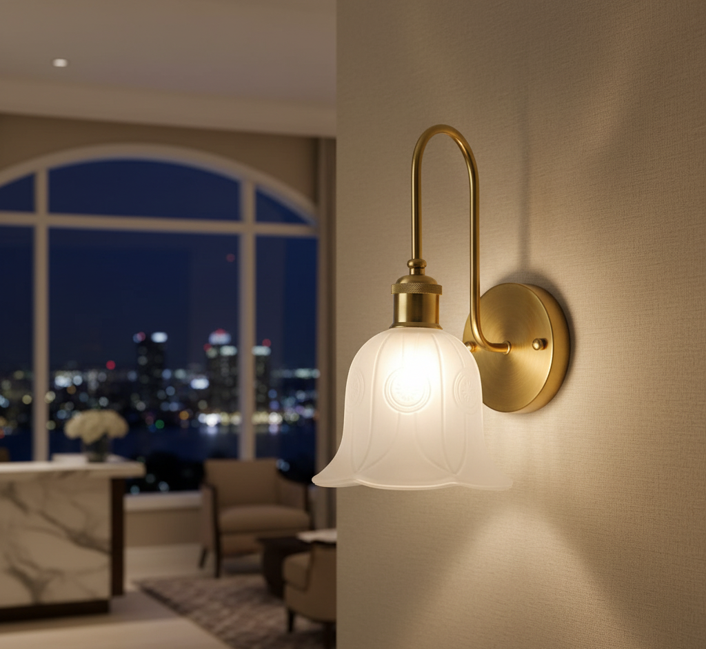 Decorative Frosted Bell Wall Light with Gold Arm (PL 2550-GL-WH)