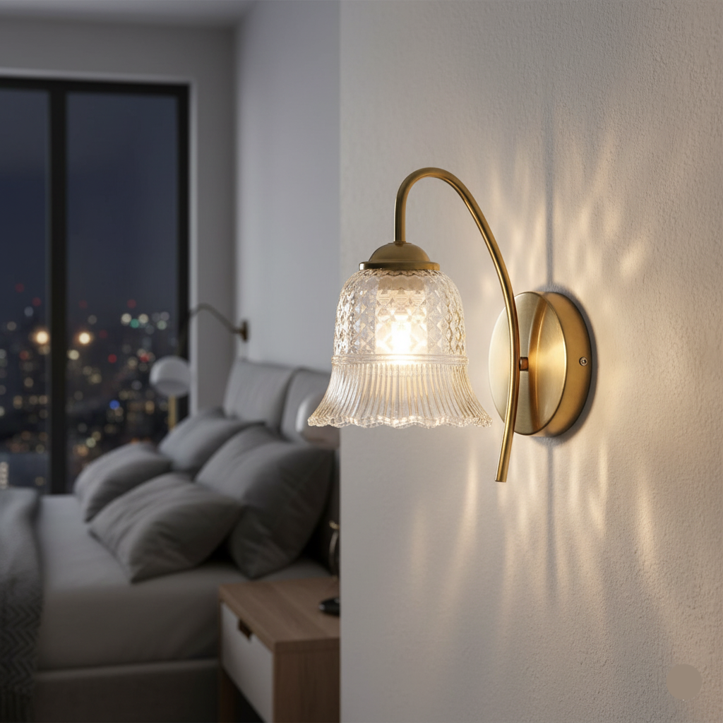 Vintage Glass Wall Light with Brass Arm (PL 2551-GL-CL)