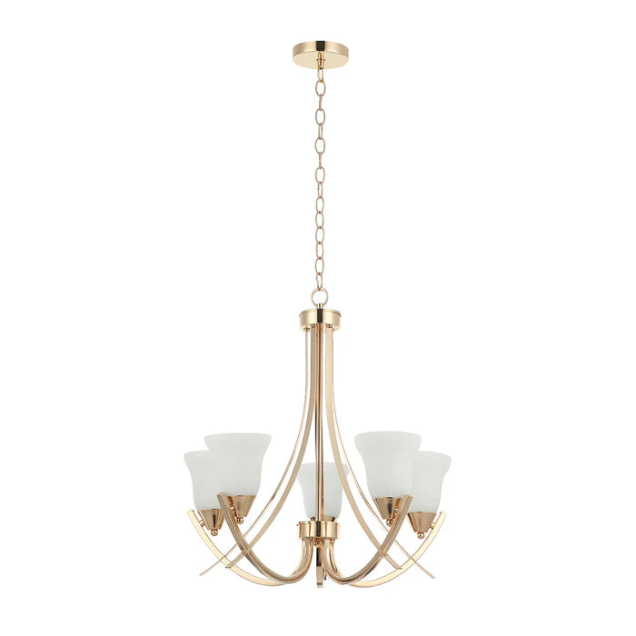 Golden 5-Light Chandelier with Curved Arms and Frosted Glass (PL 7005-27-05-GD)