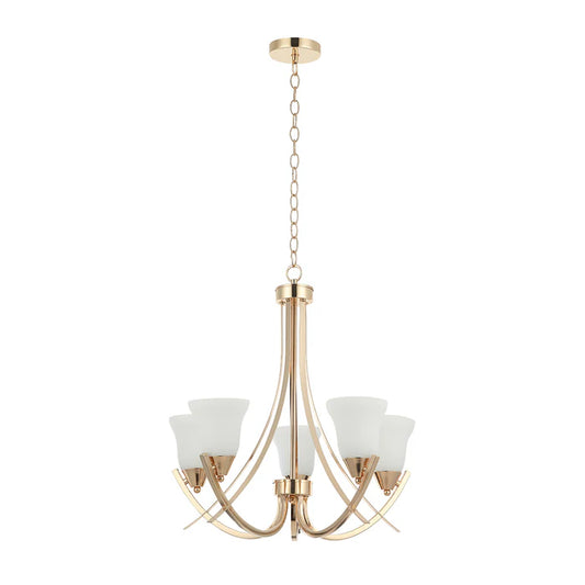 Golden 5-Light Chandelier with Curved Arms and Frosted Glass (PL 7005-27-05-GD)