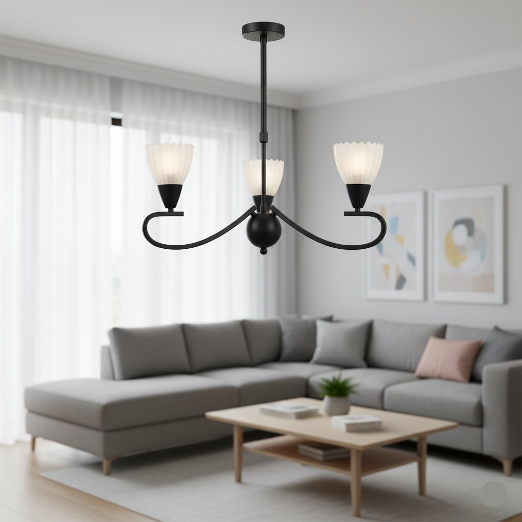 3-Light Pendant Lamp – E14 Base, Black/Silver and White Finish, Iron & Glass Design (PL 7036-14-03-)