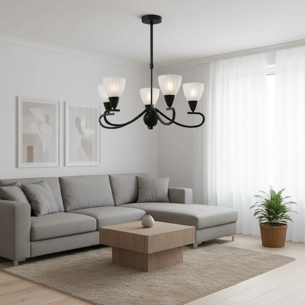 5-Light Pendant Lamp – E14 Base, Iron & Glass, Black/Silver Finish (PL 7036-14-05-)