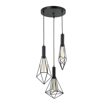 3-Light Pendant Lamp – Black Finish, E27 Base, Geometric Cage Design (PL 7040-27-03-BK)