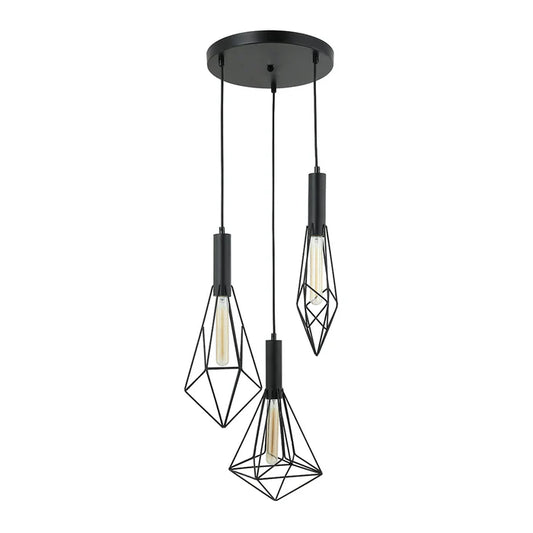 3-Light Pendant Lamp – Black/White Finish, E27 Base, Geometric Cage Design