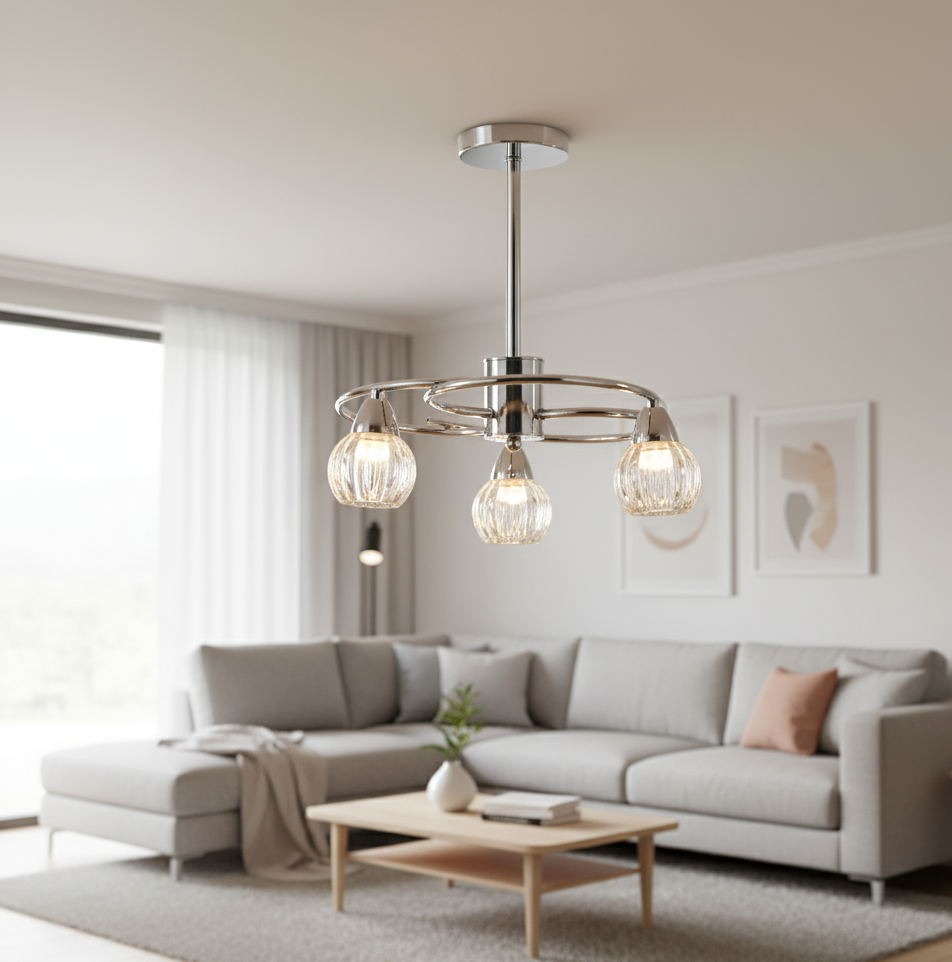 3-Light Pendant Lamp – Silver/White Finish, Decorative Crystal Glass (PL 7041-14-03-SI)