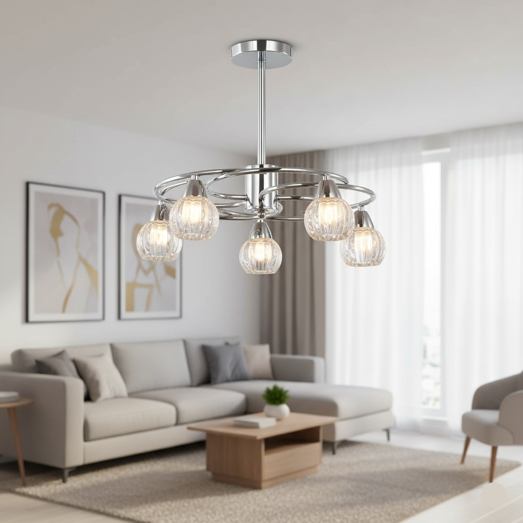 5-Light Pendant Lamp – Silver/White Finish, E14 Base, Crystal-Inspired Glass (PL 7041-14-05-SI)