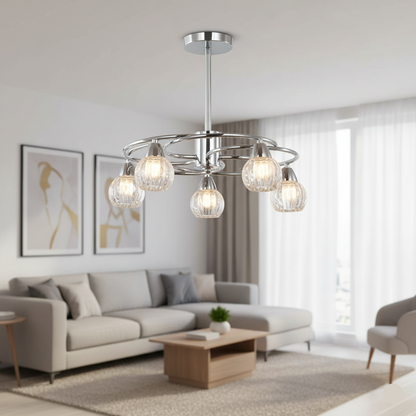 5-Light Pendant Lamp – Silver/White Finish, E14 Base, Crystal-Inspired Glass (PL 7041-14-05-SI)