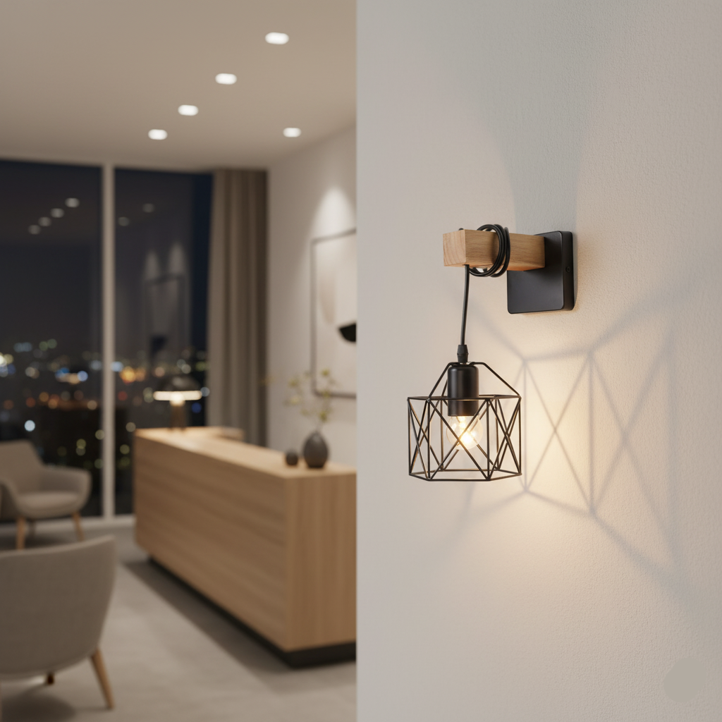 Black Geometric Wall Light with Wooden Accent (PL 1139-01-BK)