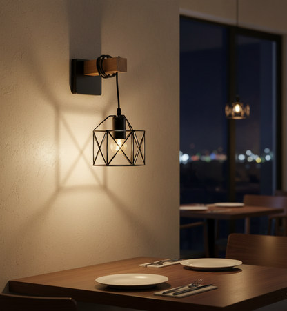 Black Geometric Wall Light with Wooden Accent (PL 1139-01-BK)