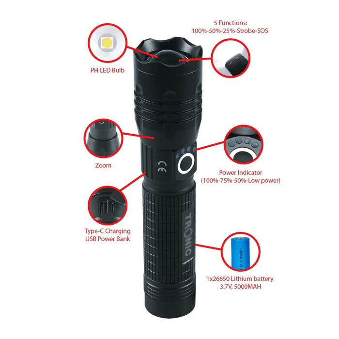 Zoomable LED Torch 1200L Flashlight w Type C (TO 1200-UC)